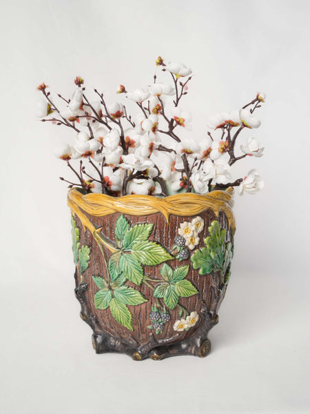 French Art Nouveau Majolica Cachepot w/ Brambles & Blackberries, C. 19