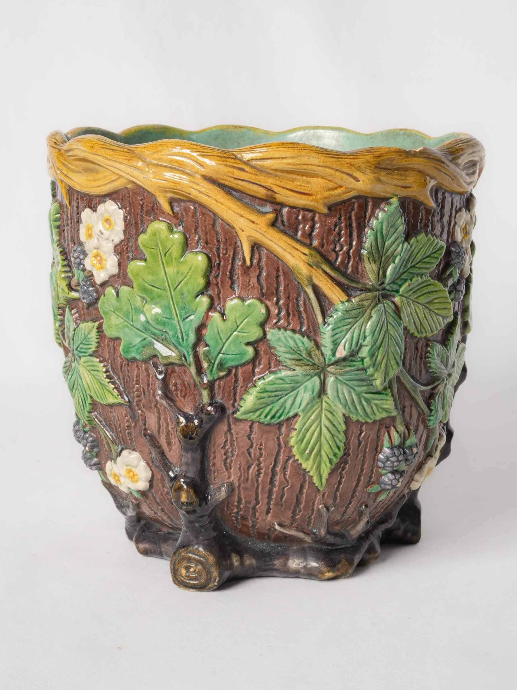 French Art Nouveau Majolica Cachepot w/ Brambles & Blackberries, C. 1900 - 9"