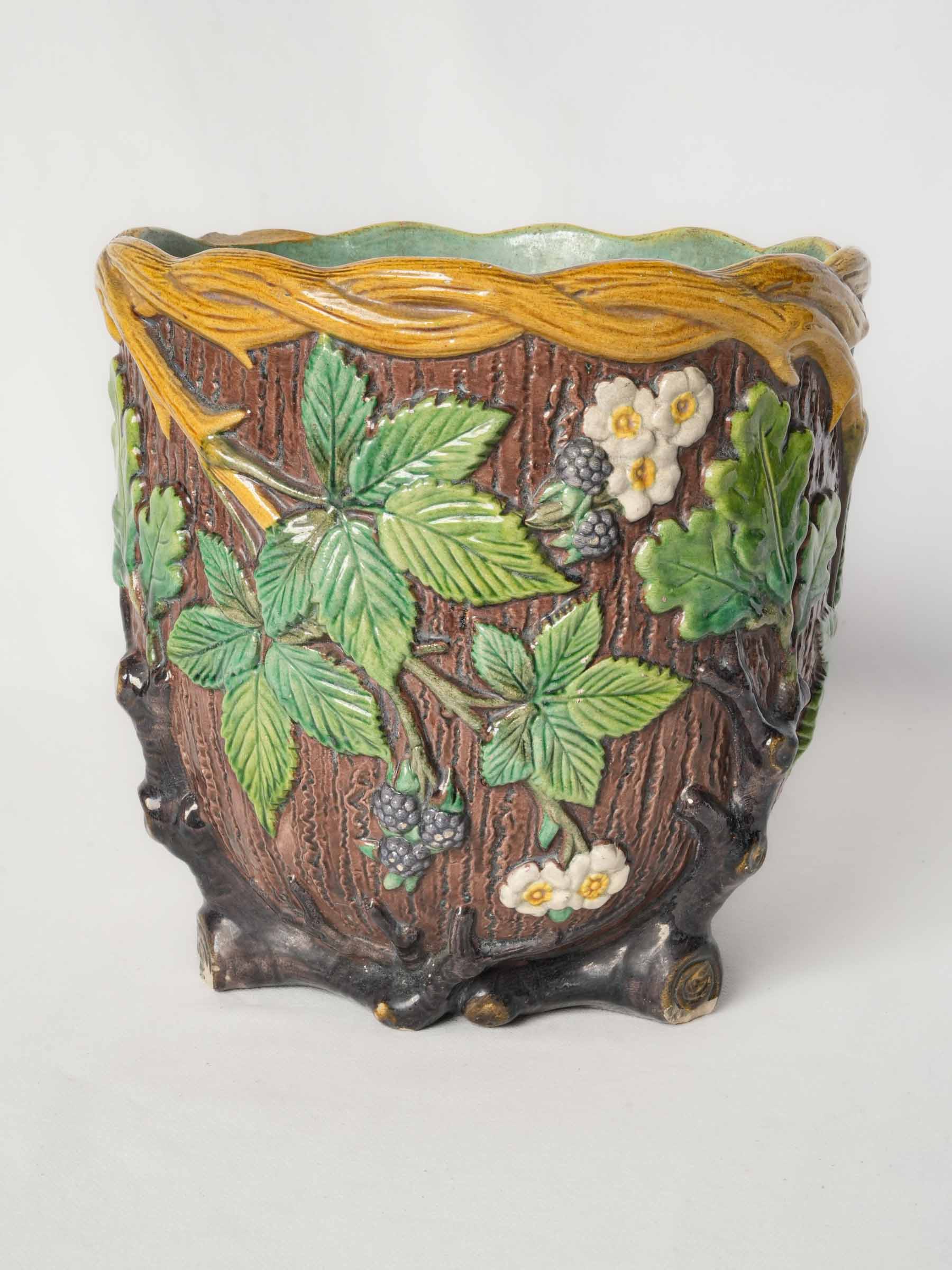 French Art Nouveau Majolica Cachepot w/ Brambles & Blackberries, C. 1900 - 9"