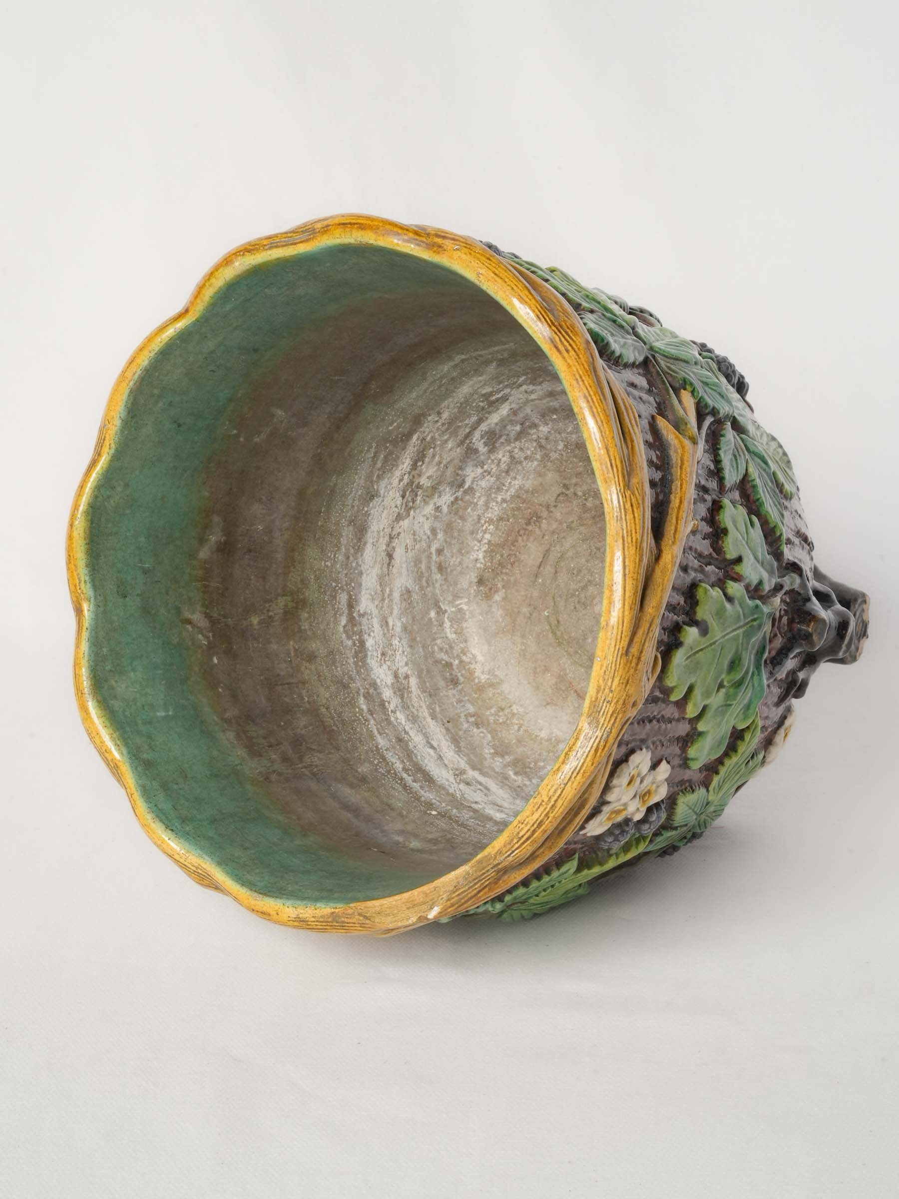 French Art Nouveau Majolica Cachepot w/ Brambles & Blackberries, C. 1900 - 9"