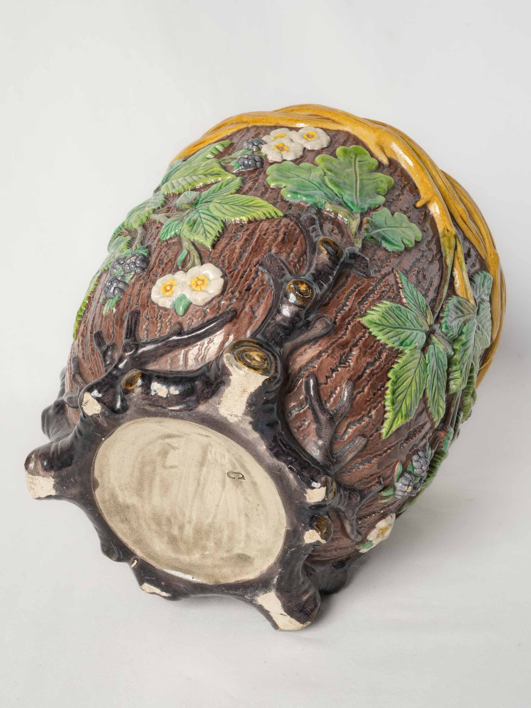 French Art Nouveau Majolica Cachepot w/ Brambles & Blackberries, C. 19
