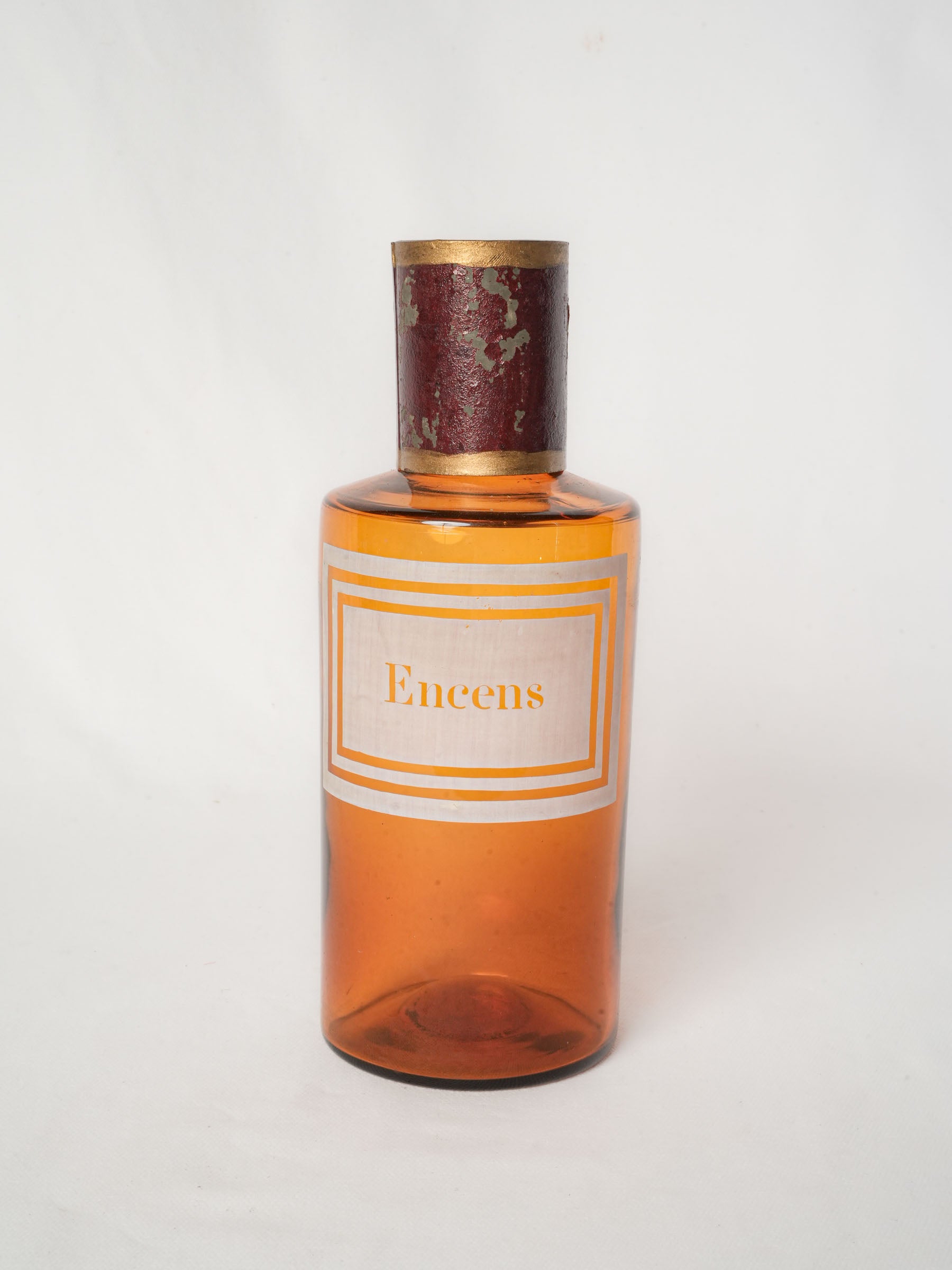 Antique French Amber Glass Apothecary Bottle “Encens”, Circa 1900 - 9¾"