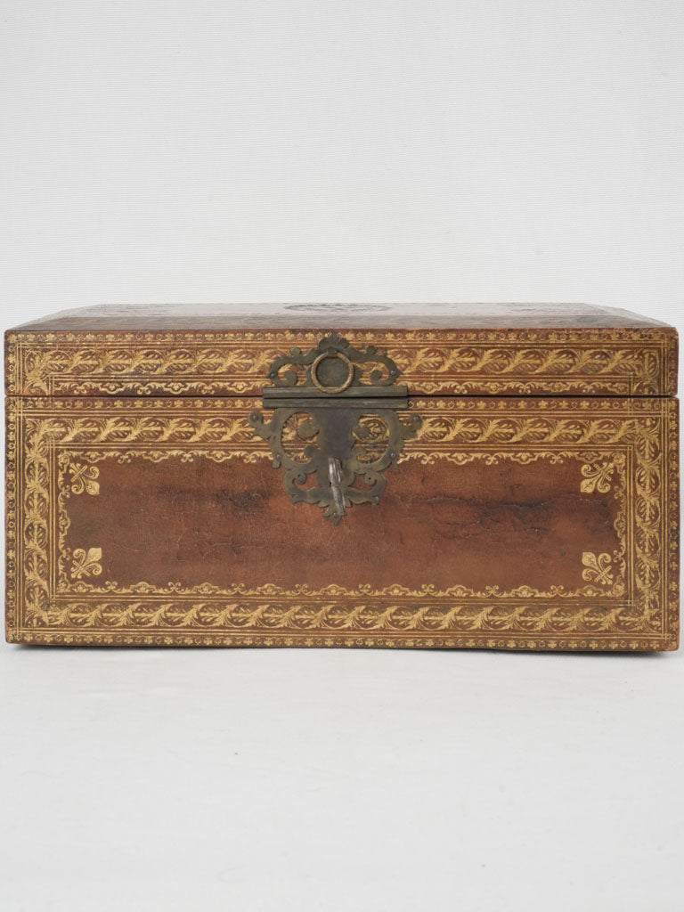 Lavish French embossed leather container with key