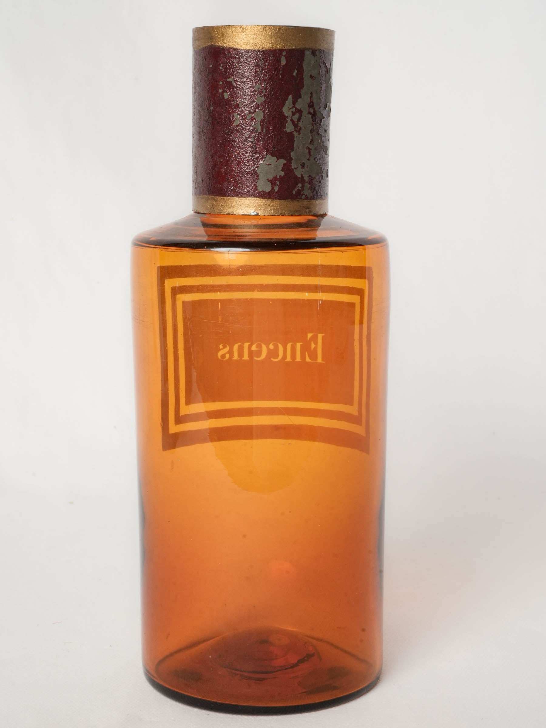 Antique French Amber Glass Apothecary Bottle “Encens”, Circa 1900 - 9¾"