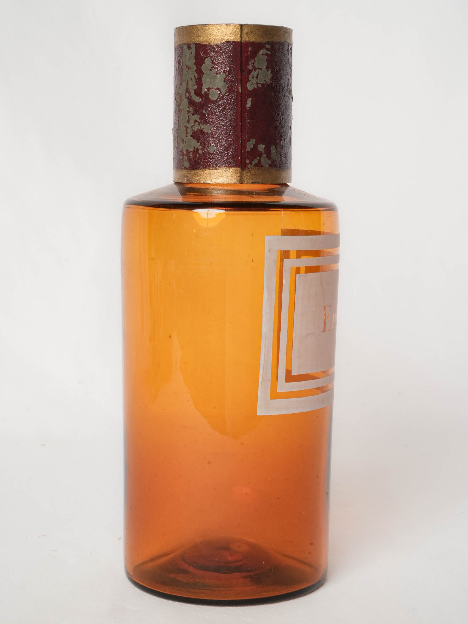 Antique French Amber Glass Apothecary Bottle “Encens”, Circa 1900 - 9¾"