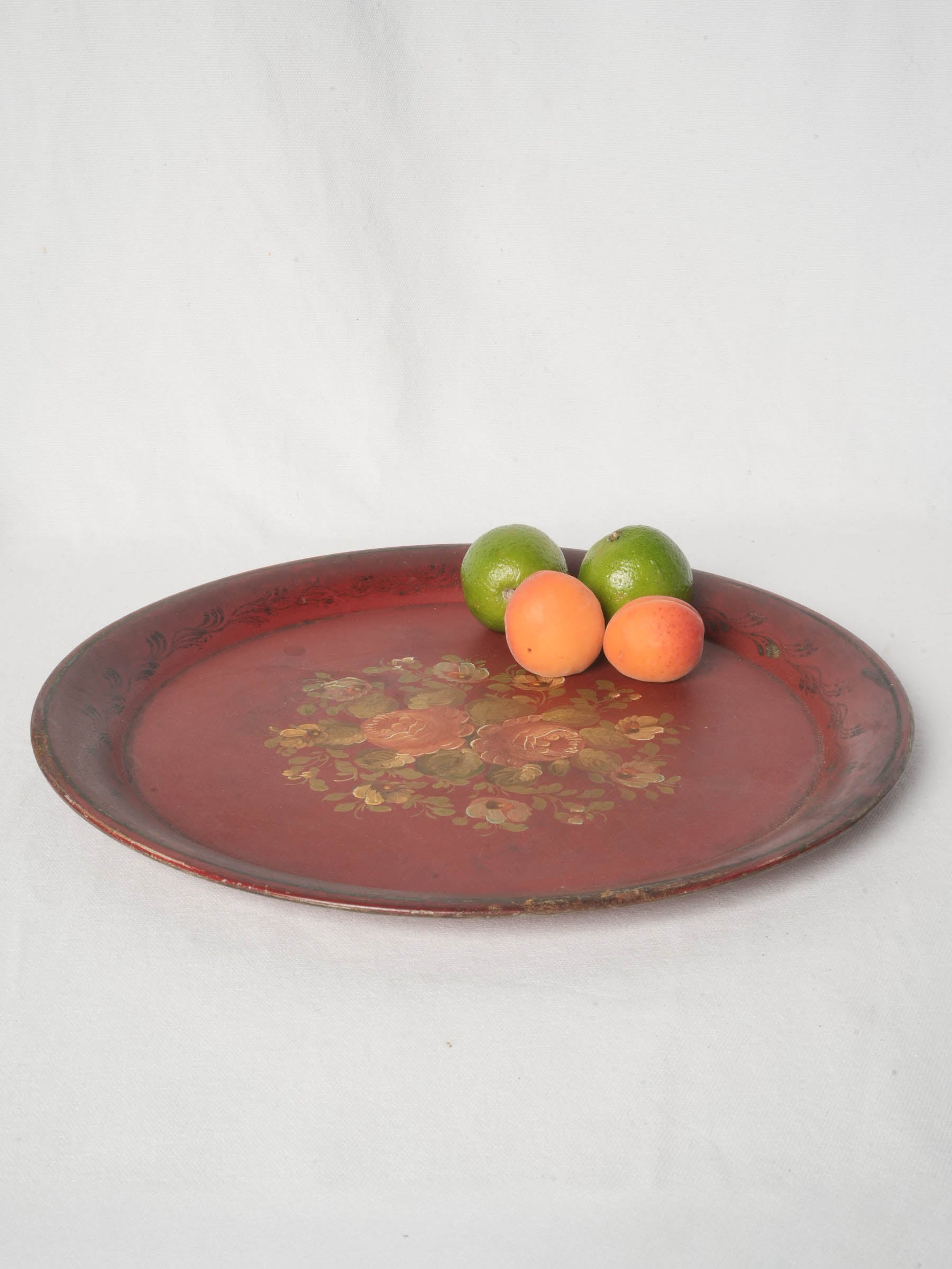 Antique French Hand-Painted Tôle Tray w/ Floral Bouquet - 15¼"