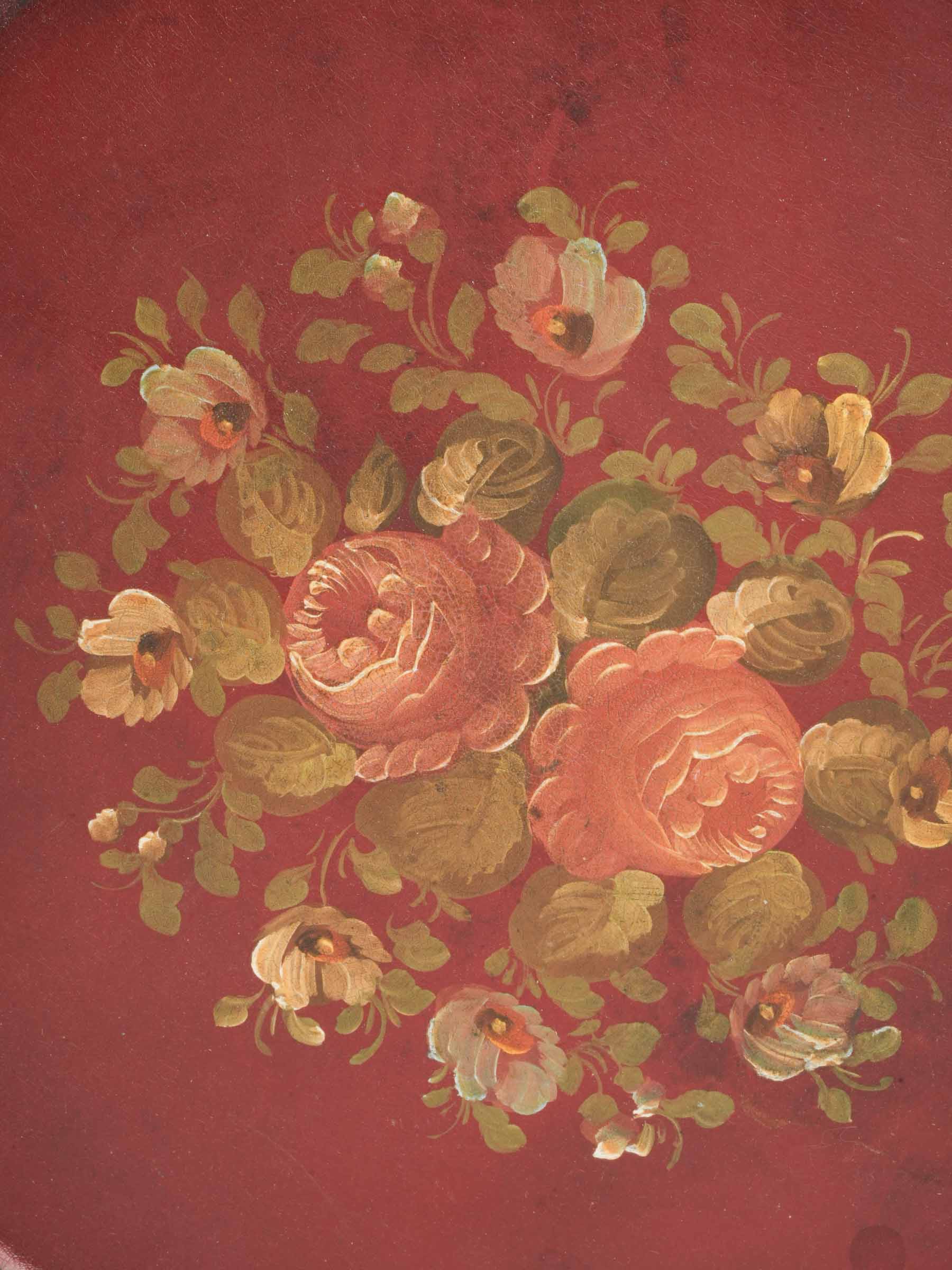 Antique French Hand-Painted Tôle Tray w/ Floral Bouquet - 15¼"