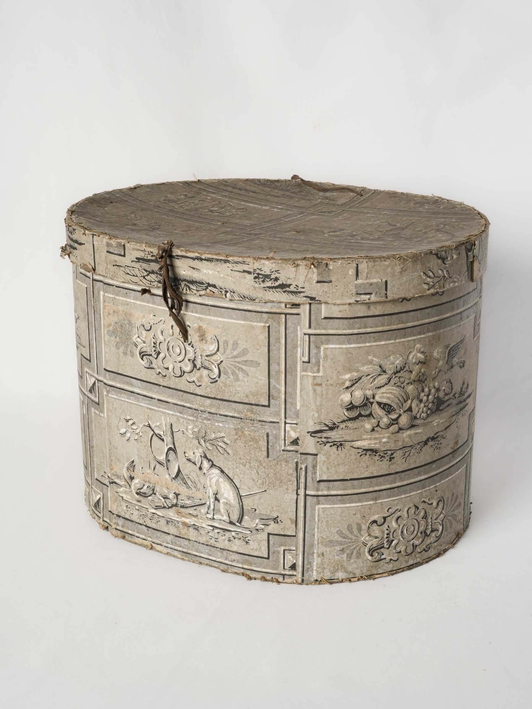 Antique Paper-Covered Hat Box w/ Hunting and Still-Life Motifs - 12½" x 17"