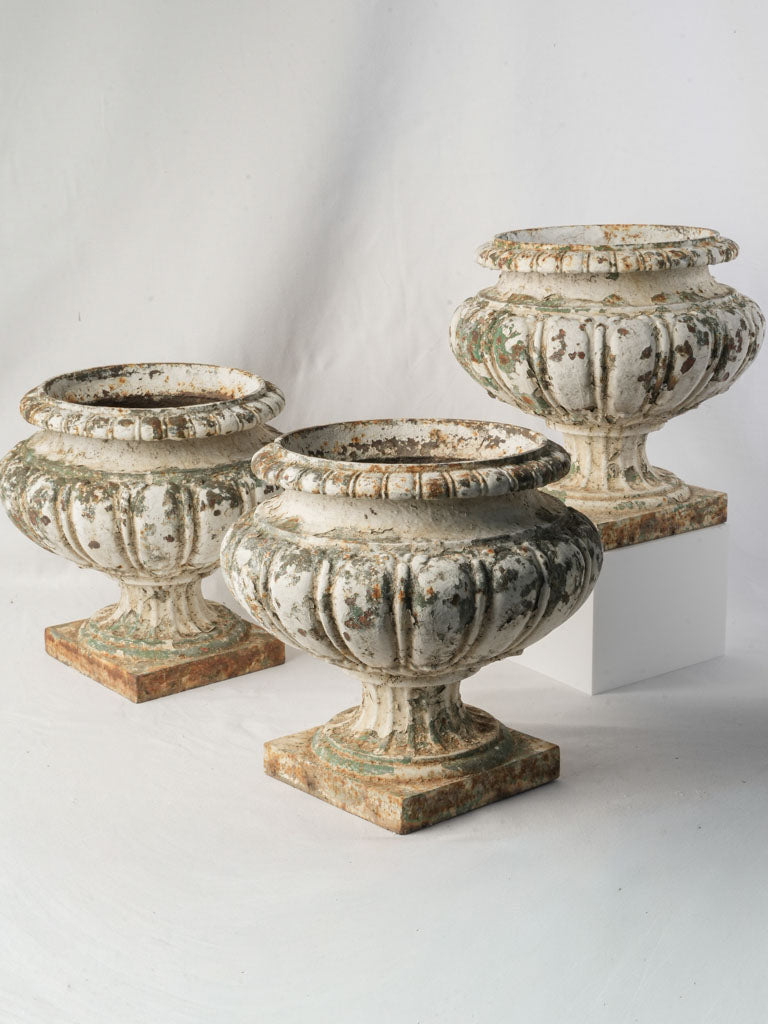 Set of Three French Cast Iron Garden Urns w/ Layered Patina - 13½"