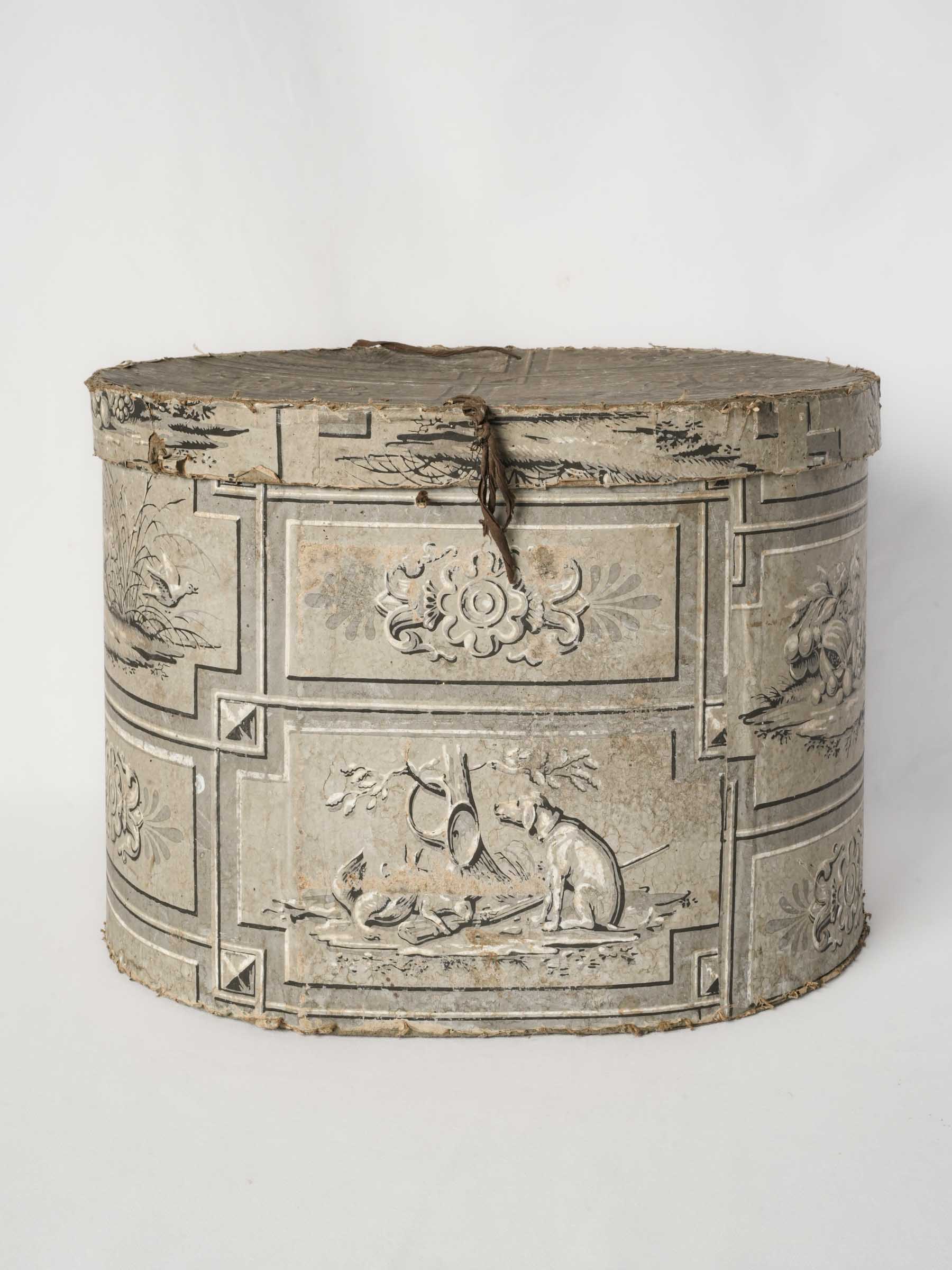 Antique Paper-Covered Hat Box w/ Hunting and Still-Life Motifs - 12½" x 17"