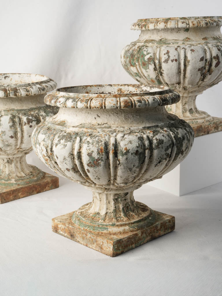 Set of Three French Cast Iron Garden Urns w/ Layered Patina - 13½"
