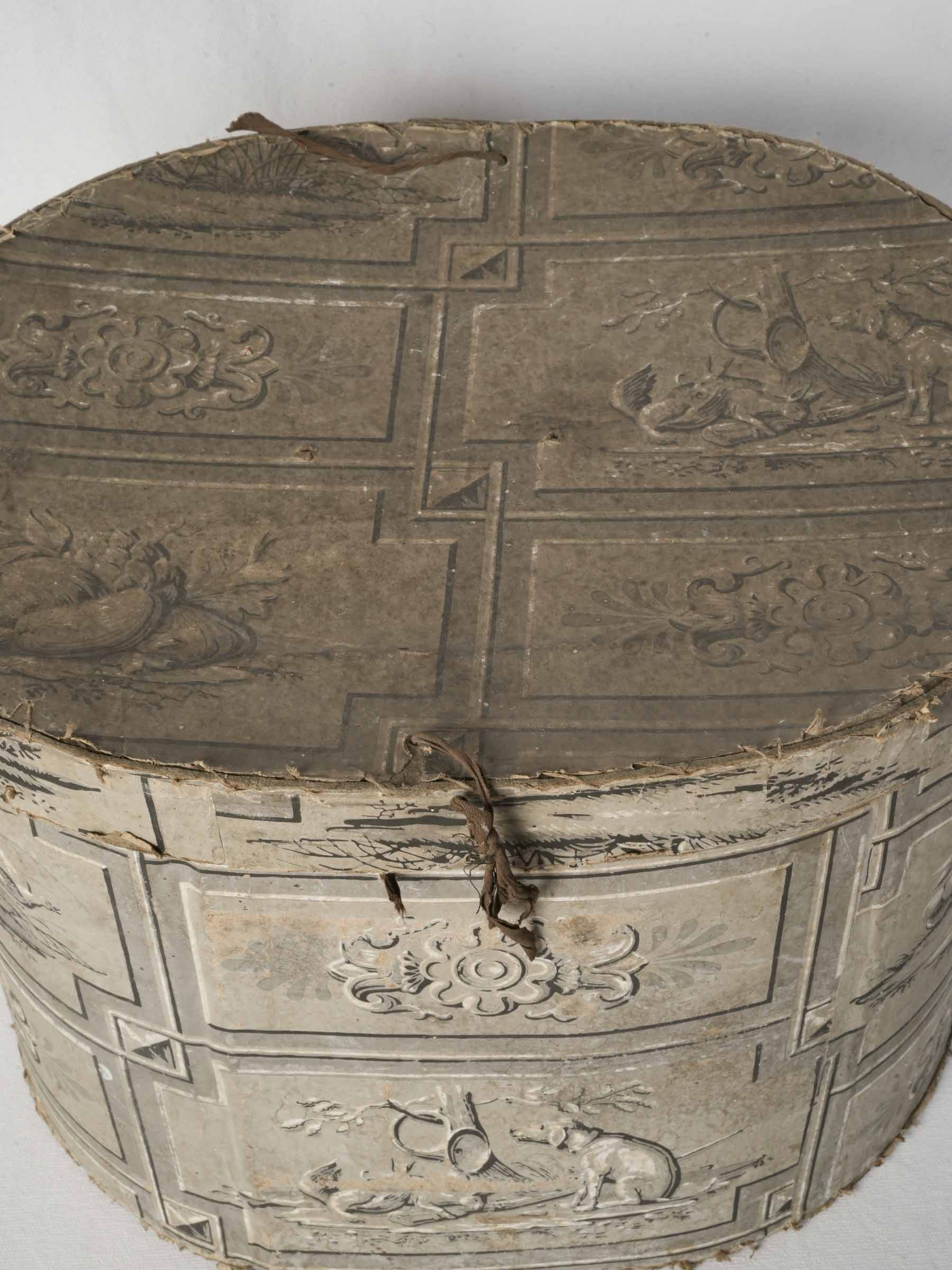 Antique Paper-Covered Hat Box w/ Hunting and Still-Life Motifs - 12½" x 17"