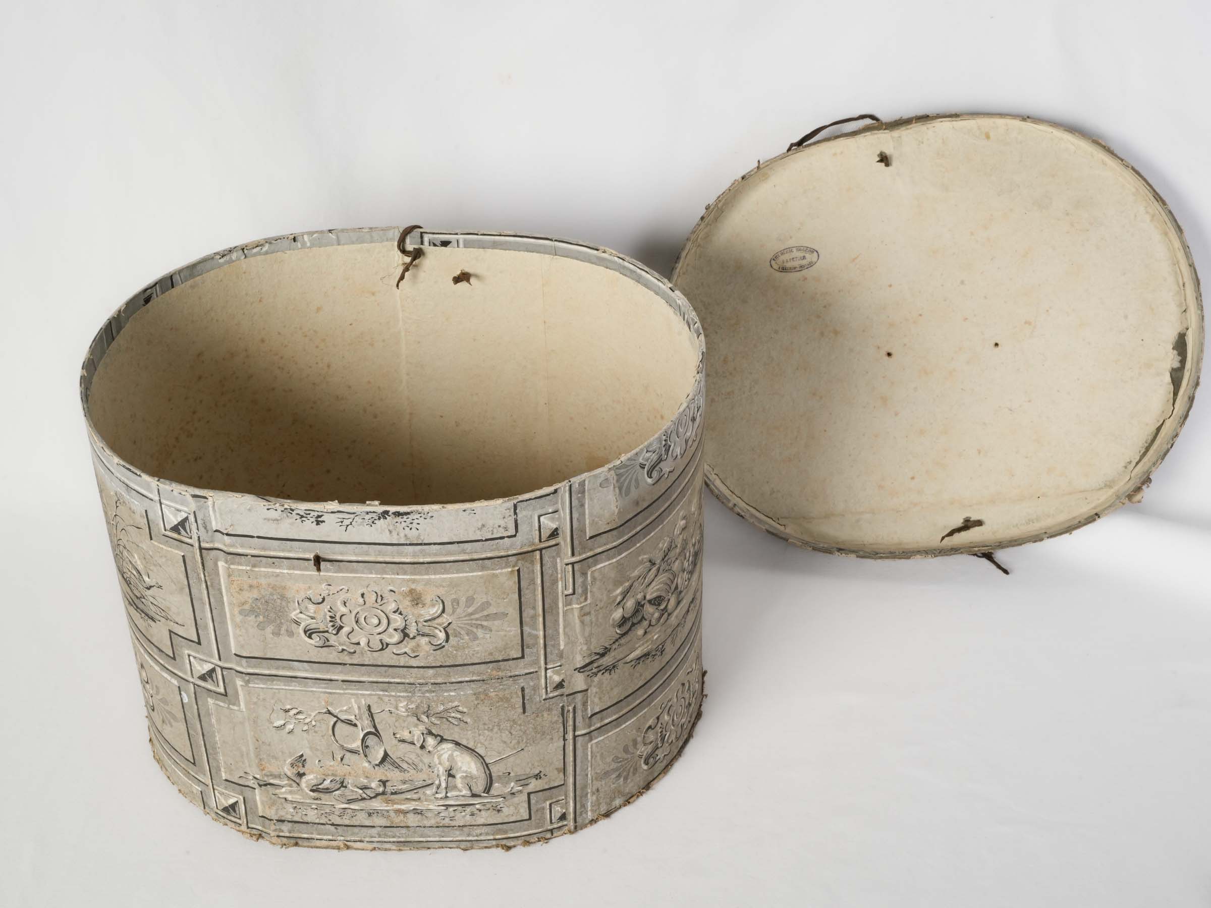 Antique Paper-Covered Hat Box w/ Hunting and Still-Life Motifs - 12½" x 17"