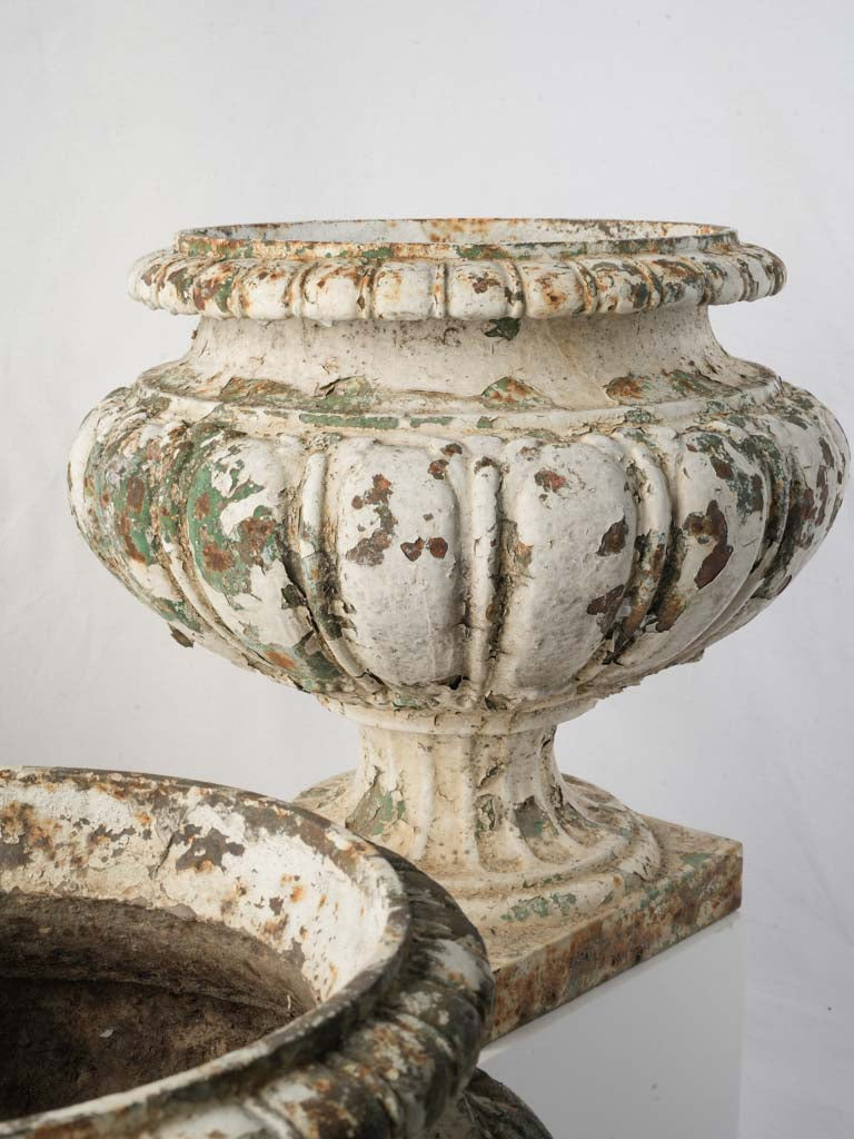 Set of Three French Cast Iron Garden Urns w/ Layered Patina - 13½"