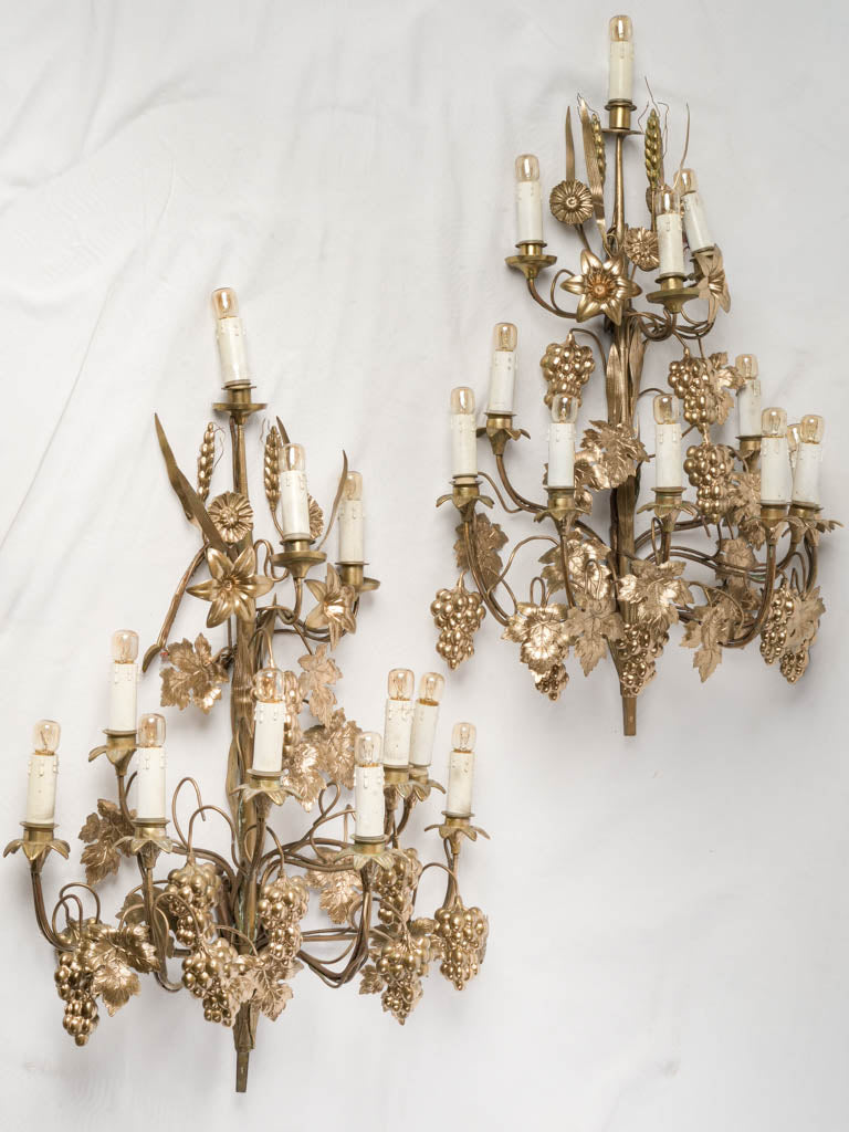Statement Pair of Mid Century Gilt Brass Wall Sconces - 31"
