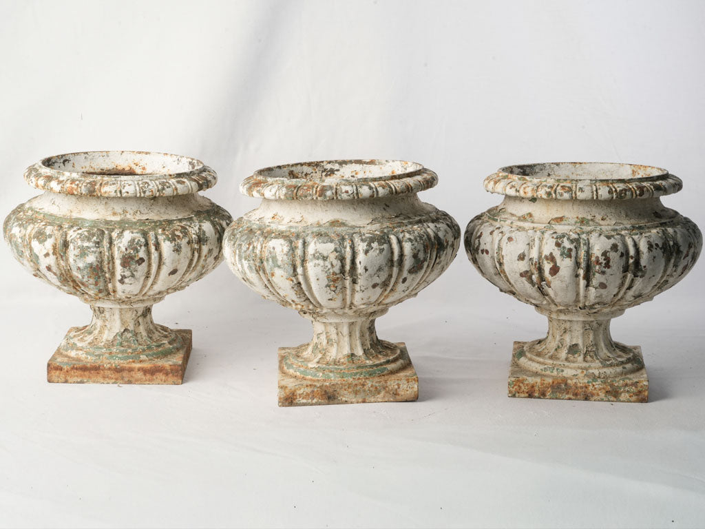 Set of Three French Cast Iron Garden Urns w/ Layered Patina - 13½"