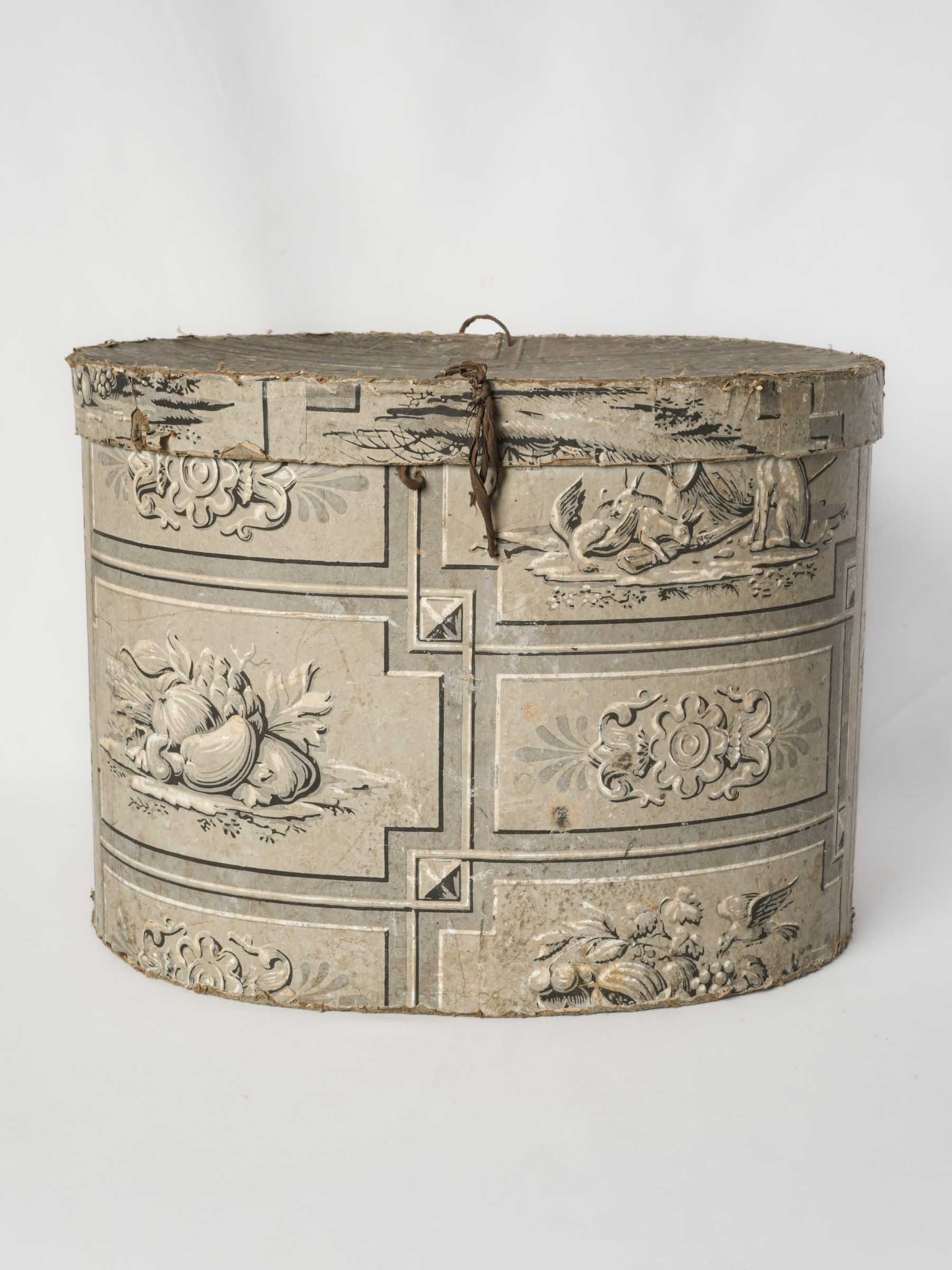 Antique Paper-Covered Hat Box w/ Hunting and Still-Life Motifs - 12½" x 17"
