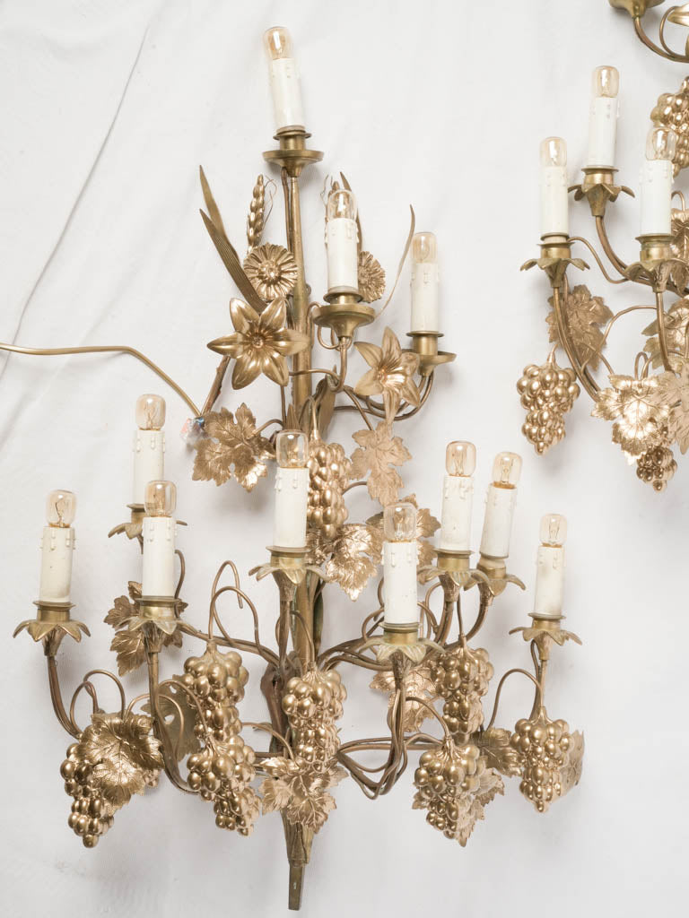 Statement Pair of Mid Century Gilt Brass Wall Sconces - 31"