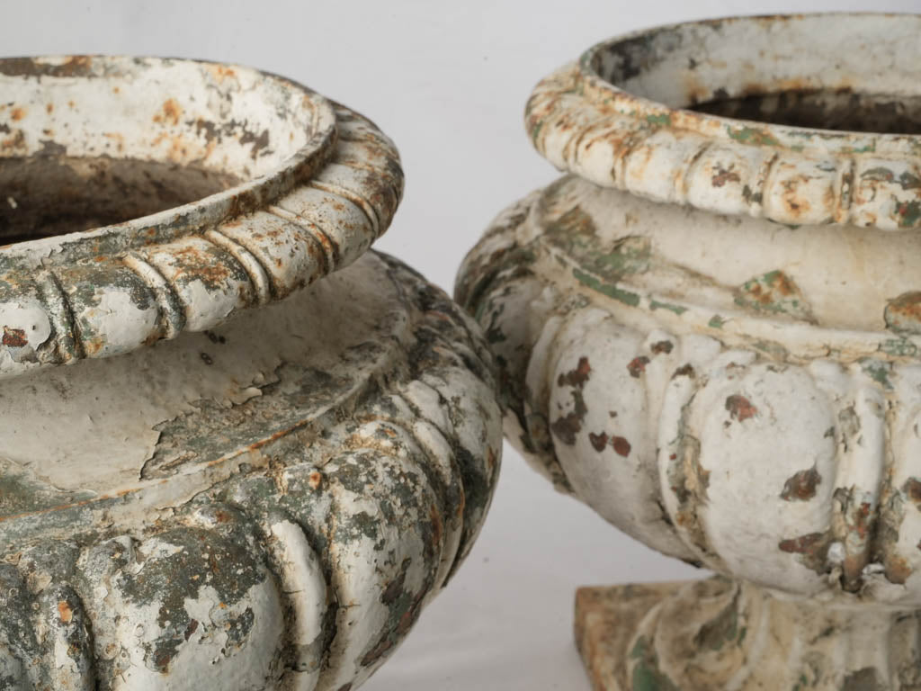 Set of Three French Cast Iron Garden Urns w/ Layered Patina - 13½"