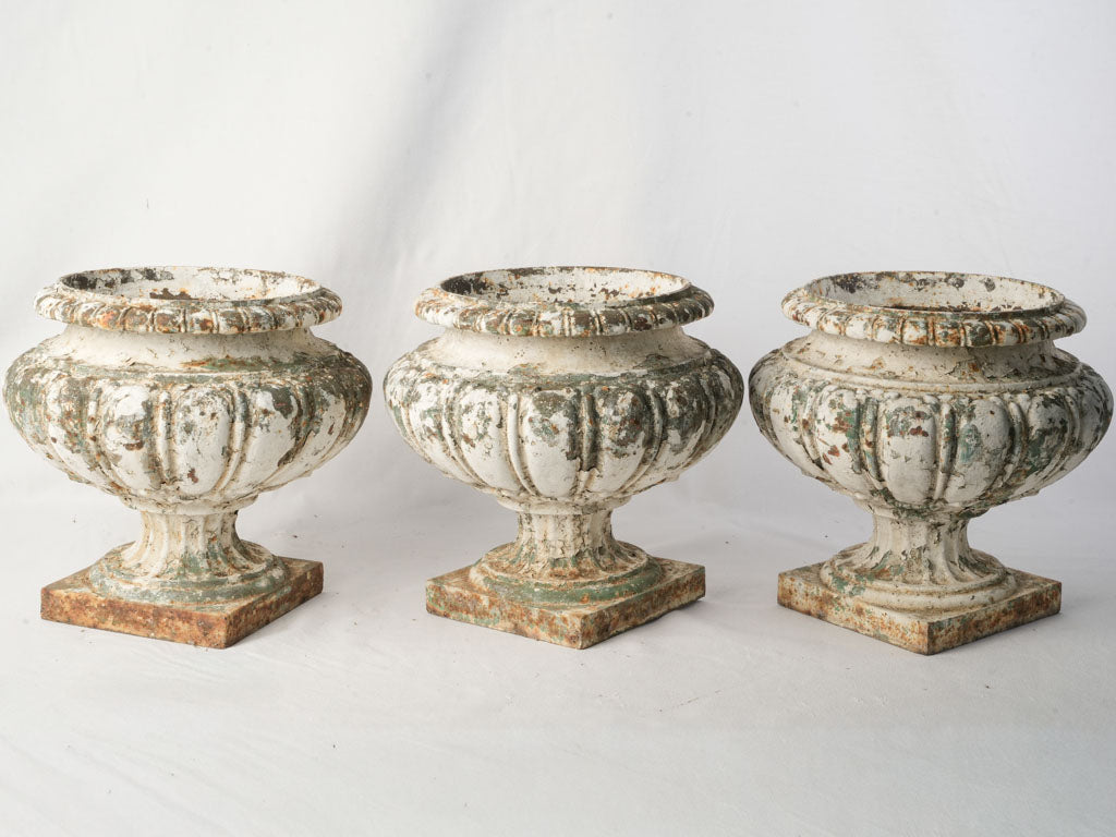Set of Three French Cast Iron Garden Urns w/ Layered Patina - 13½"