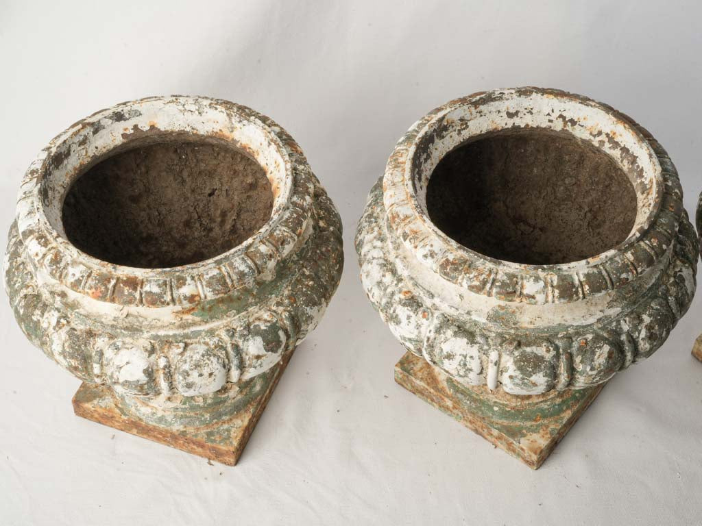 Set of Three French Cast Iron Garden Urns w/ Layered Patina - 13½"