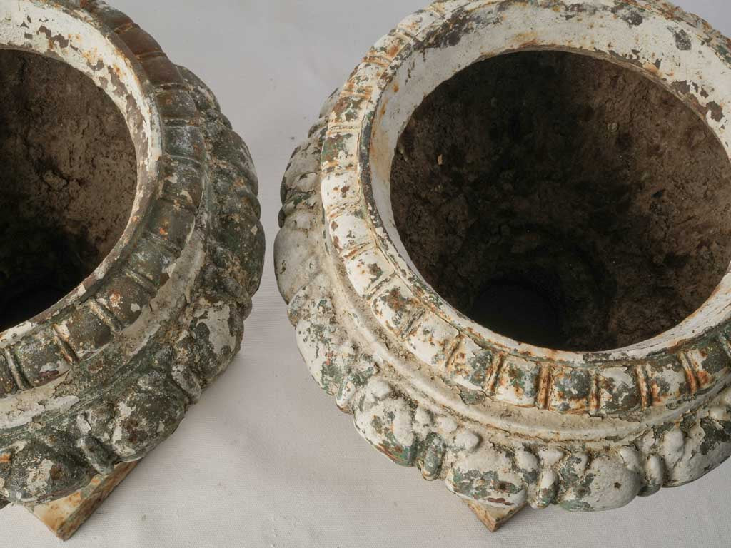 Set of Three French Cast Iron Garden Urns w/ Layered Patina - 13½"