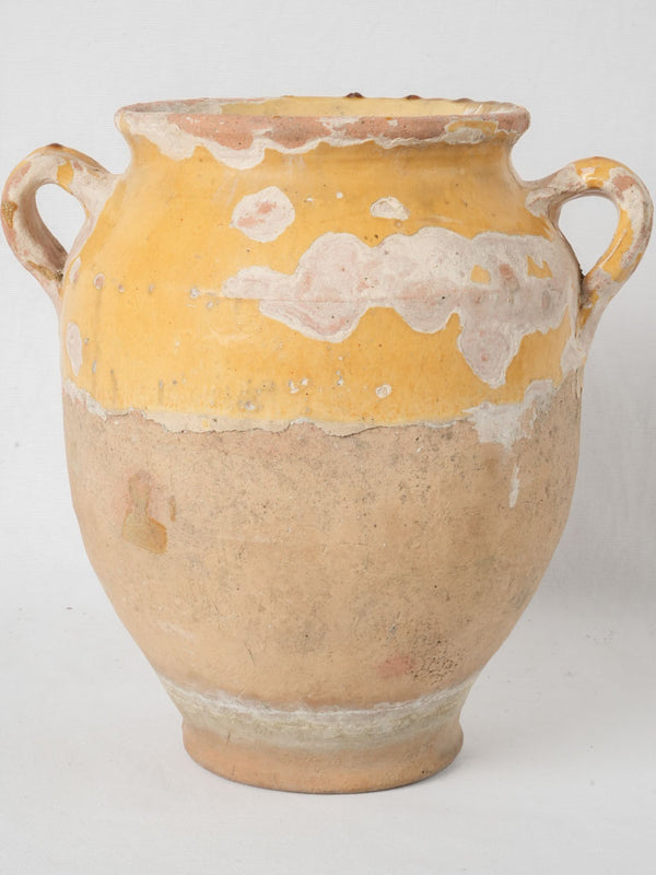 Antique French confit pot w/ loop handles & rustic yellow glaze 13½"