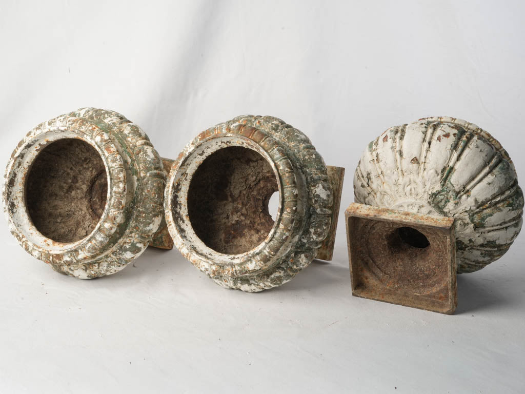 Set of Three French Cast Iron Garden Urns w/ Layered Patina - 13½"