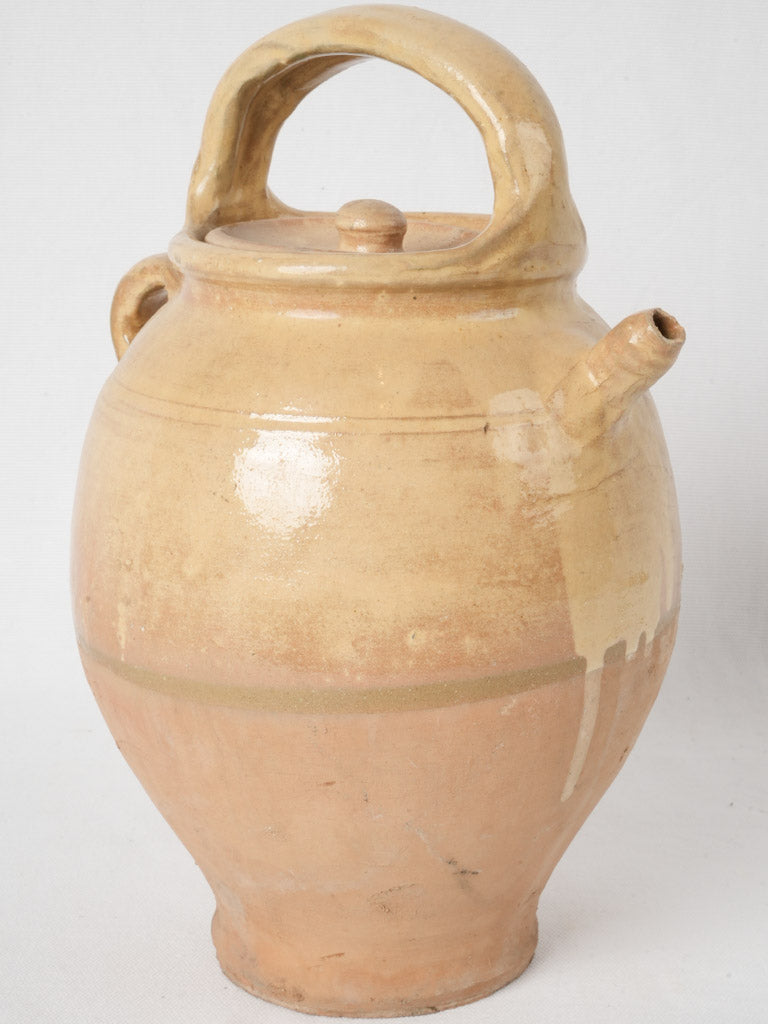Antique French cruche w/ petit spout & yellow-beige glaze 13