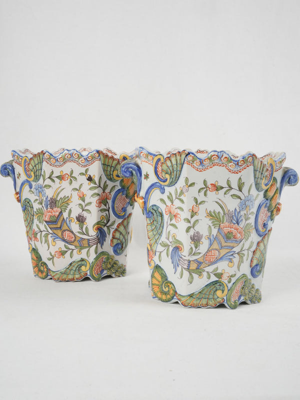 Antique colorful French earthenware cachepot planters