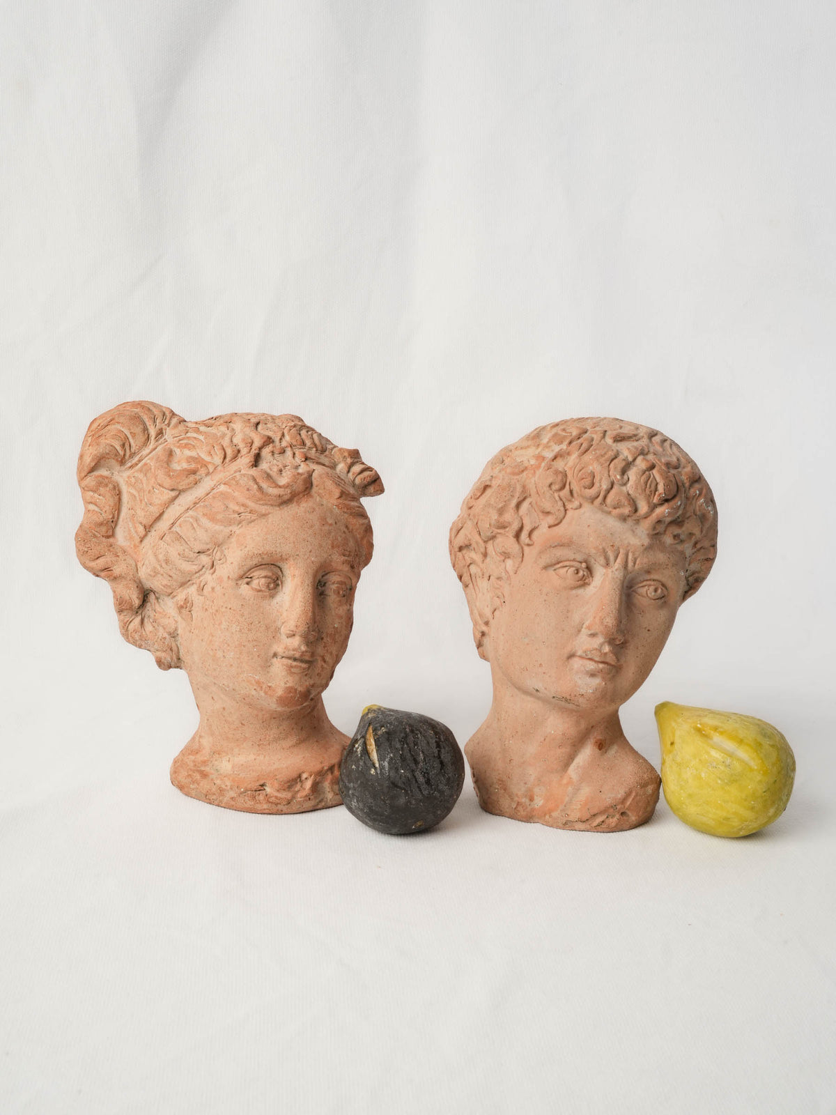 Pair of Small Classical Male and Female Heads in Terracotta - 8"