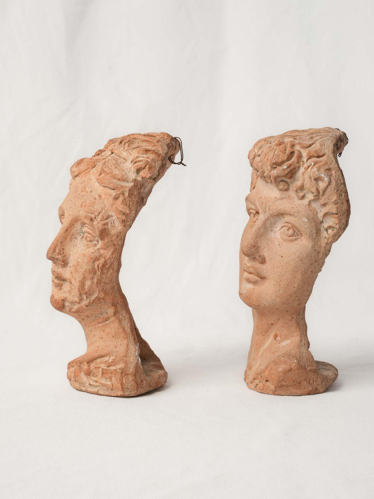 Pair of Small Classical Male and Female Heads in Terracotta - 8"