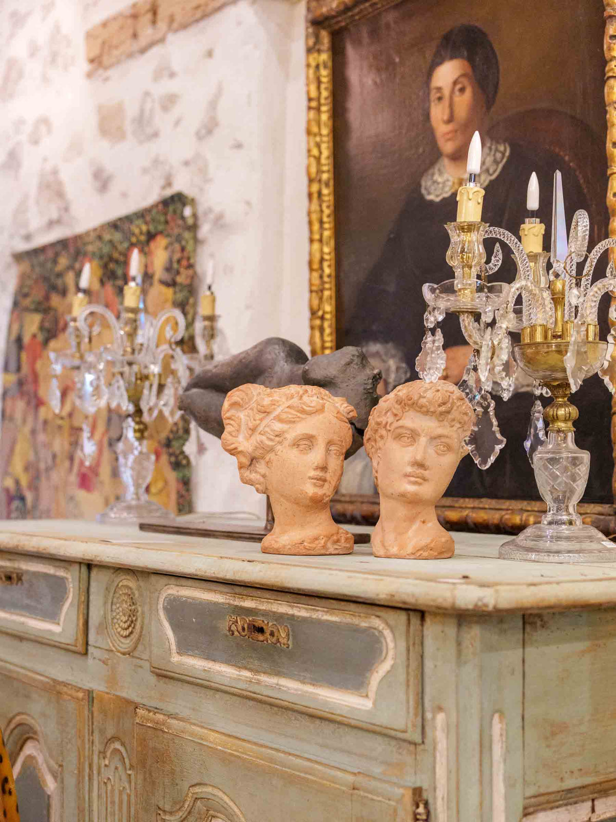 Pair of Small Classical Male and Female Heads in Terracotta - 8"