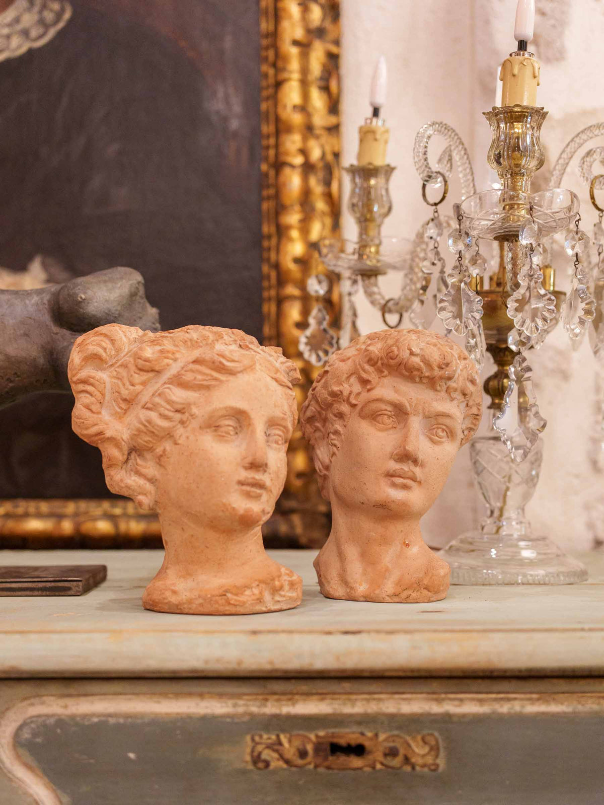 Pair of Small Classical Male and Female Heads in Terracotta - 8"
