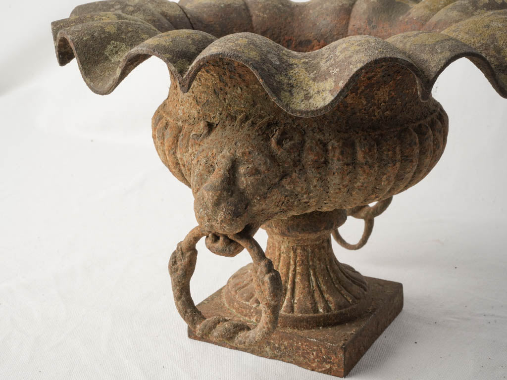 Pair of 19th Century French Cast Iron Garden Urns w/ Scalloped Rims and Lion Head Handles - 10¾"