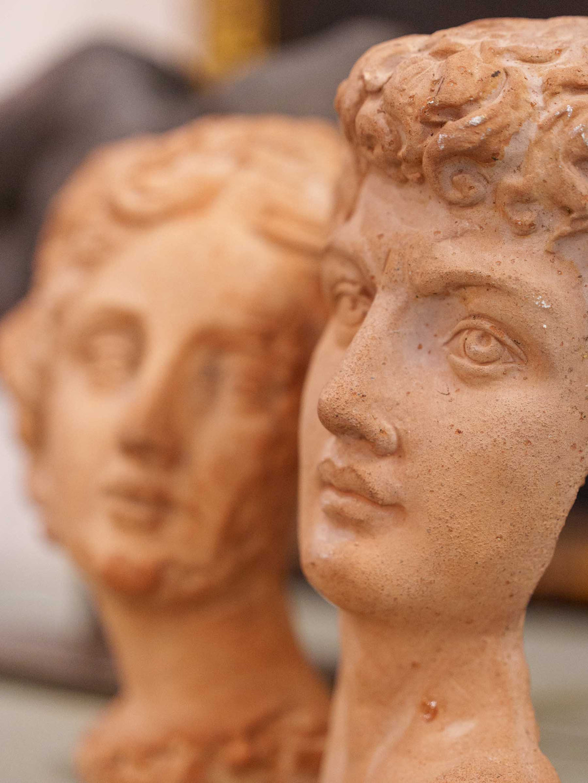 Pair of Small Classical Male and Female Heads in Terracotta - 8"