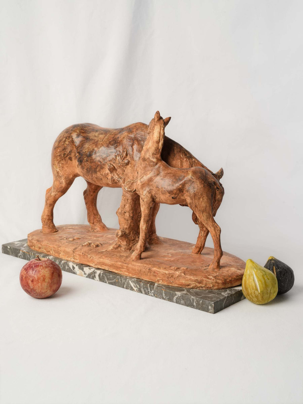 Large Terracotta Equestrian Sculpture of a Mare & Foal on Marble Base - 13½" x 22¾"