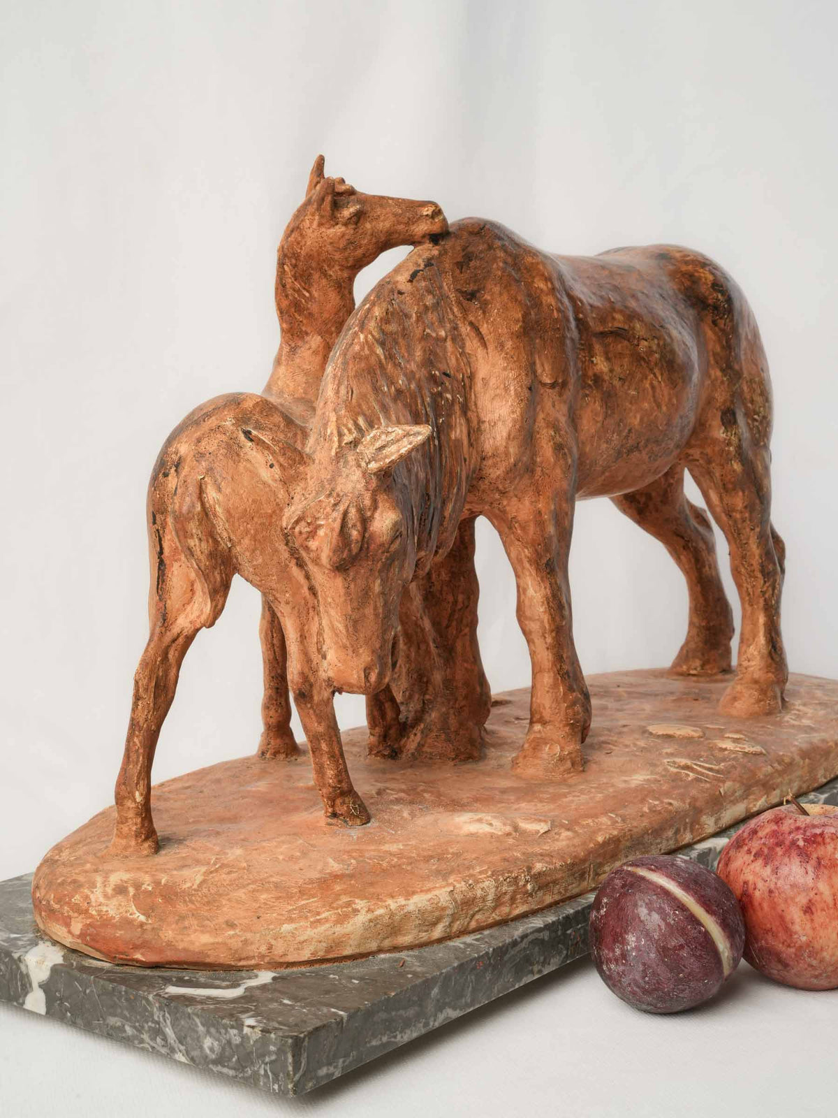 Large Terracotta Equestrian Sculpture of a Mare & Foal on Marble Base - 13½" x 22¾"