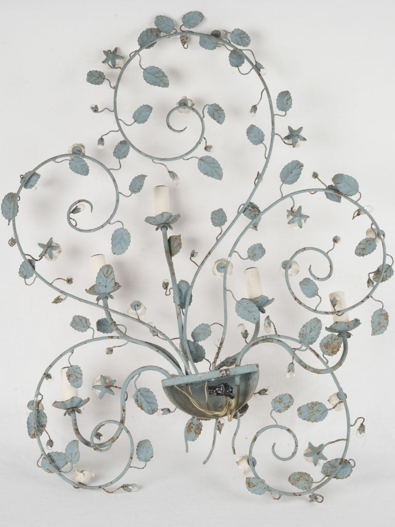 Large French wall applique - blue gray tole with flowers 35½"