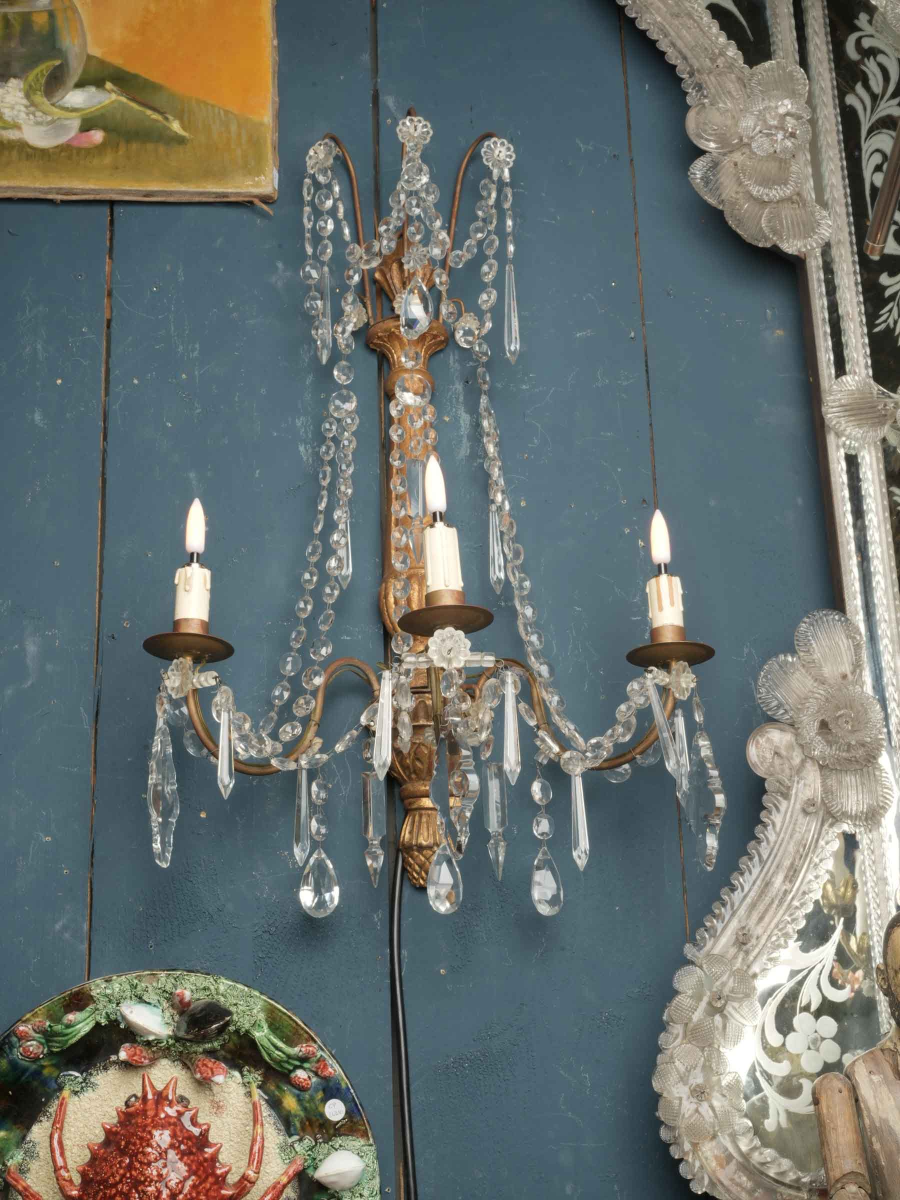 Pair of Italian Giltwood and Crystal Wall Sconces, circa 1940s - 28"
