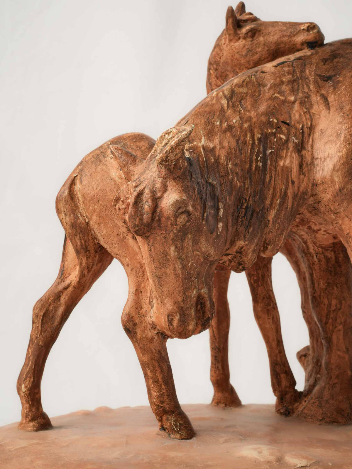 Large Terracotta Equestrian Sculpture of a Mare & Foal on Marble Base - 13½" x 22¾"