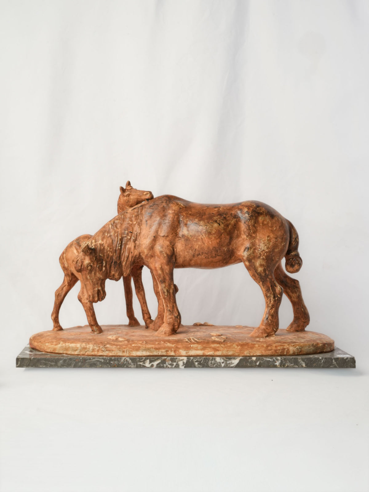 Large Terracotta Equestrian Sculpture of a Mare & Foal on Marble Base - 13½" x 22¾"