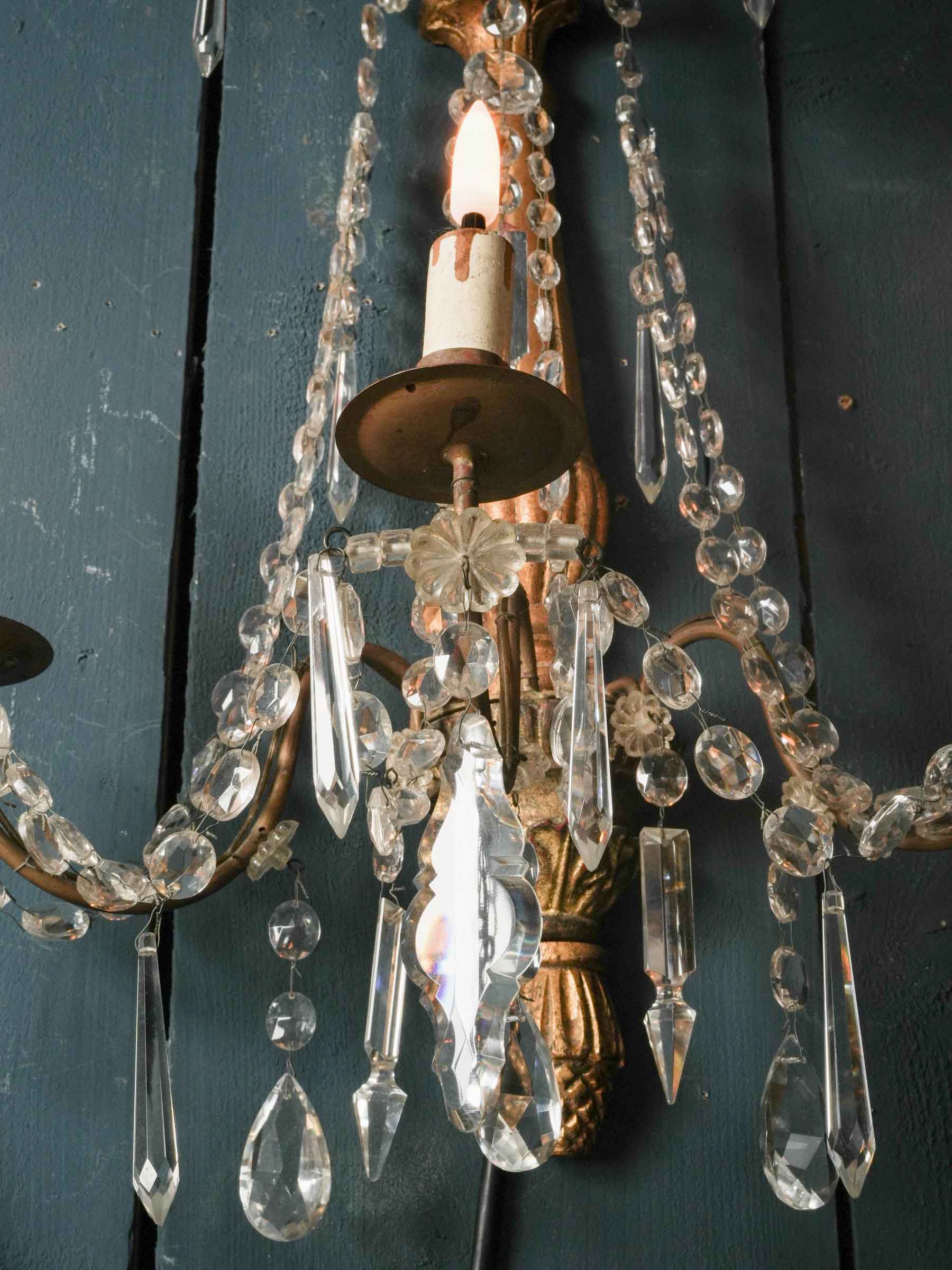 Pair of Italian Giltwood and Crystal Wall Sconces, circa 1940s - 28"
