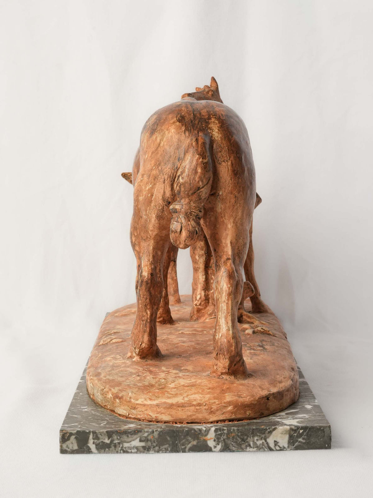 Large Terracotta Equestrian Sculpture of a Mare & Foal on Marble Base - 13½" x 22¾"