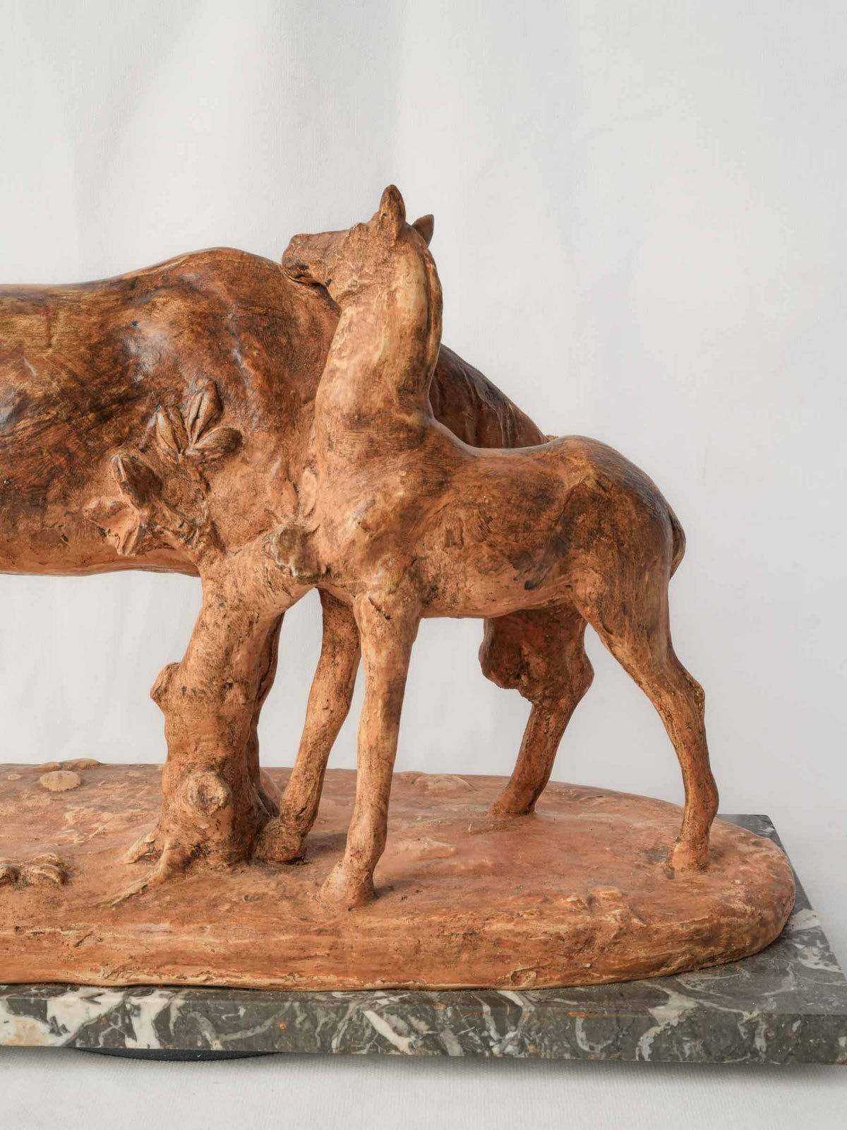 Large Terracotta Equestrian Sculpture of a Mare & Foal on Marble Base - 13½" x 22¾"