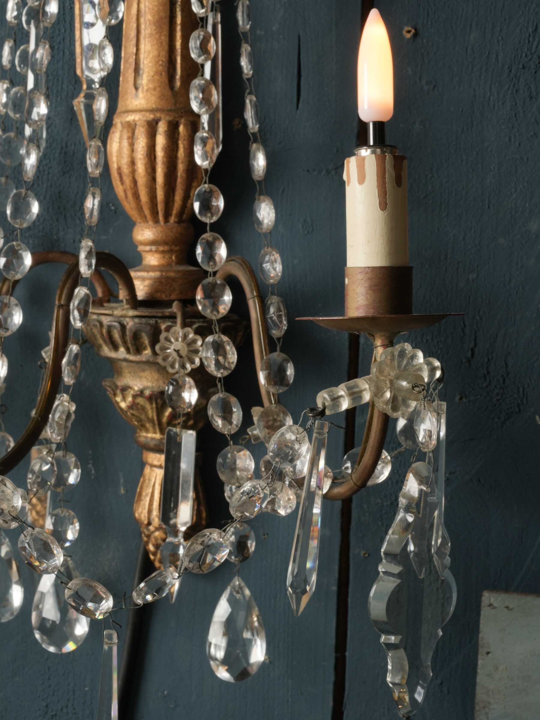 Pair of Italian Giltwood and Crystal Wall Sconces, circa 1940s - 28"