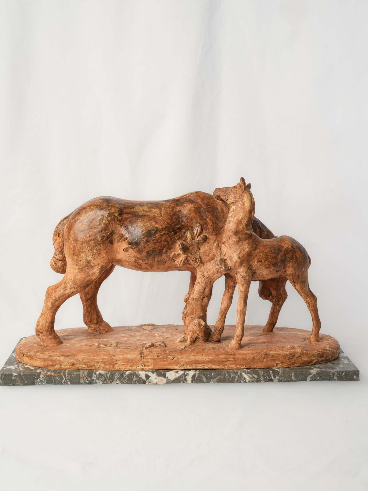 Large Terracotta Equestrian Sculpture of a Mare & Foal on Marble Base - 13½" x 22¾"