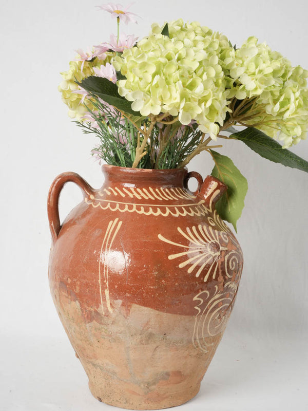 Large antique French cruche w/ classic Val de Saône pottery designs 15"