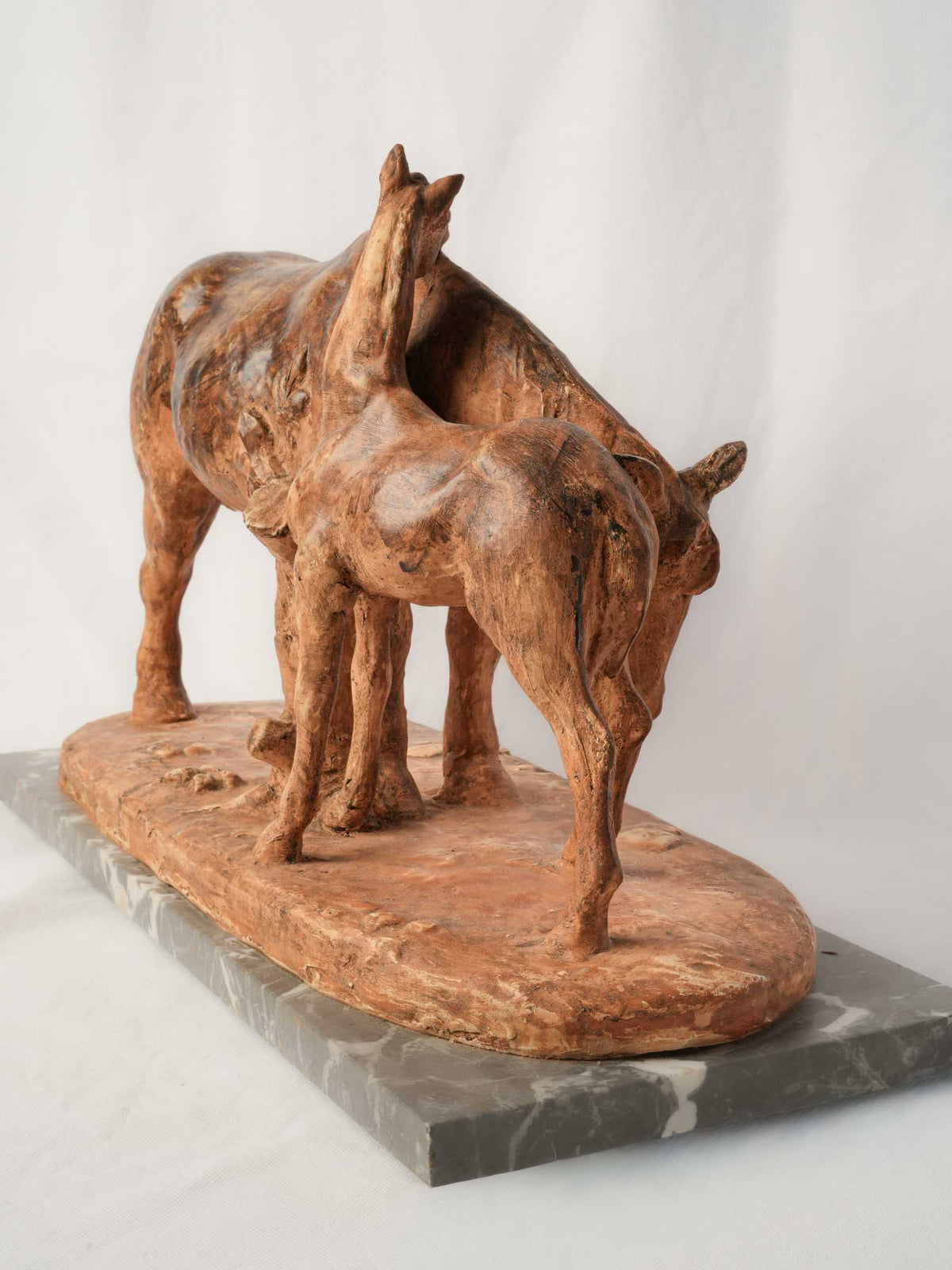 Large Terracotta Equestrian Sculpture of a Mare & Foal on Marble Base - 13½" x 22¾"