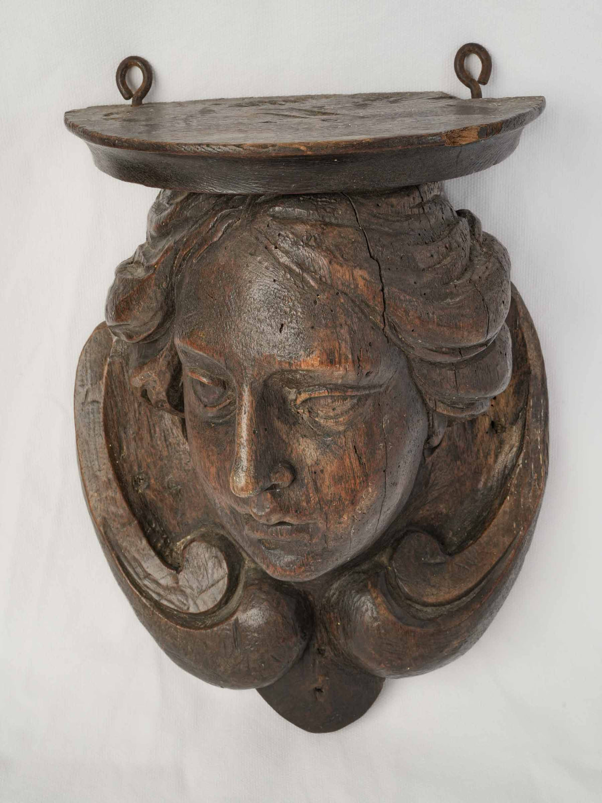 Pair of 18th-Century Carved Oak Wall Brackets w/ Female Heads, Probably Italian - 14¼"